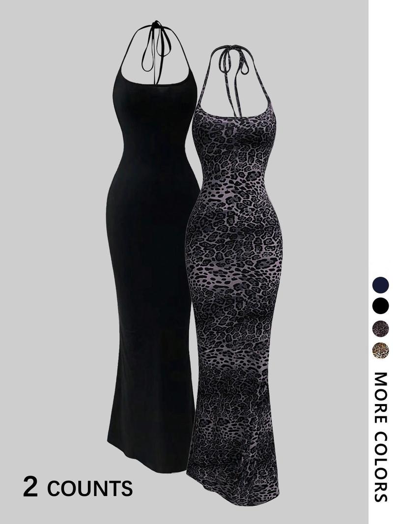 2-piece leopard print camisole and floor-length slim bodycon mini skirt - TikTok viral animal print! Stretch fabric, strap design, available in multiple colors (brown/black) 🔥 Perfect for #DateNightOOTD, #CoquetteAesthetic, #Y2KRevival. Fashionable, flat