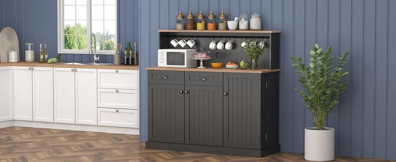 Farmhouse Kitchen Pantry Cabinet with 2 Drawers, Sideboard Buffet Cabinet with 3 Doors for Kitchen,Coffee Bar Cupboard Cabinet with Adjustable Shelves for Dining Room