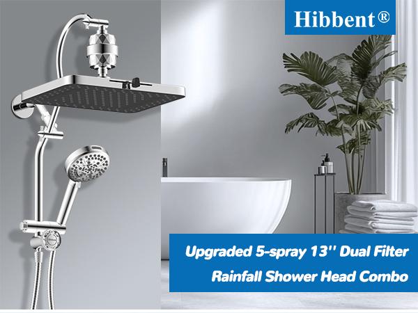 Hibbent 5-spray Dual Filtered Rainfall Shower Head Combo, High Pressure 13'' Showerhead with 10 Spray Mode Handheld, Easy Reach 4-way Diverter Shower Arm with Pause Mode, 71'' Hose and Holder, Chrome
