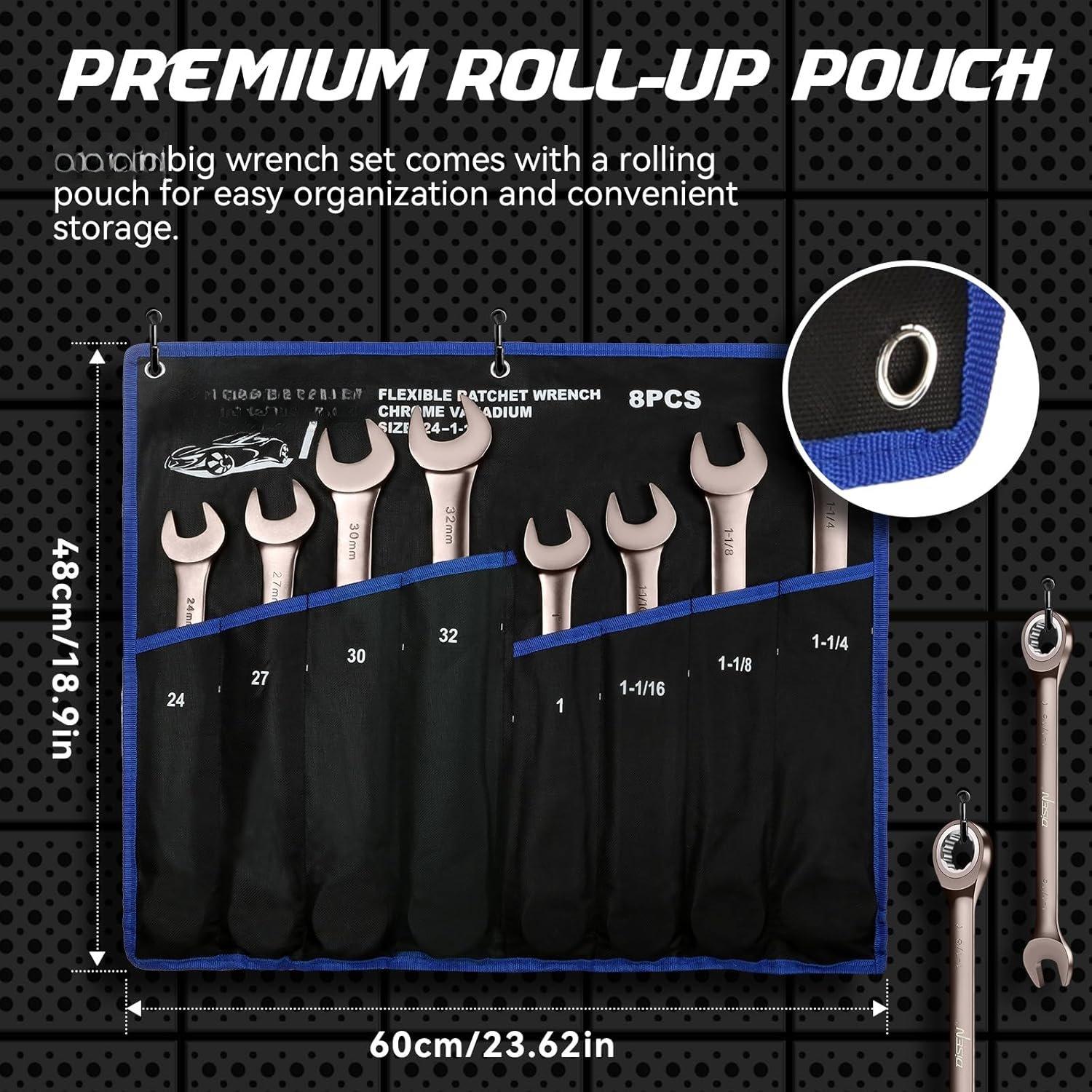 8 count Large Wrench Set Nickel Ratcheting Wrench Set Metric & SAE Combination Wrench Set with Rolling Pouch 24,27,30,32mm & 1'',1-1/16'',1-1/8'',1-1/4'' CR-V Steel Father's 8 count Large Wrench Set Nickel Ratcheting Wrench Set Metric & SAE Combination Wrench Set with Rolling Pouch 24,27,30,32mm & 1'',1-1/16'',1-1/8'',1-1/4'' CR-V Steel Father's