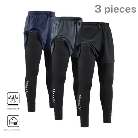 Men’s 3-Pack 2-in-1 Compression Running Leggings with Built-in Pockets - Dry Fit, High Stretch, Breathable, Elastic Waistband, Slim Fit, Gym-to-Street Wear, All Seasons 3pack Workout Set for Active Men