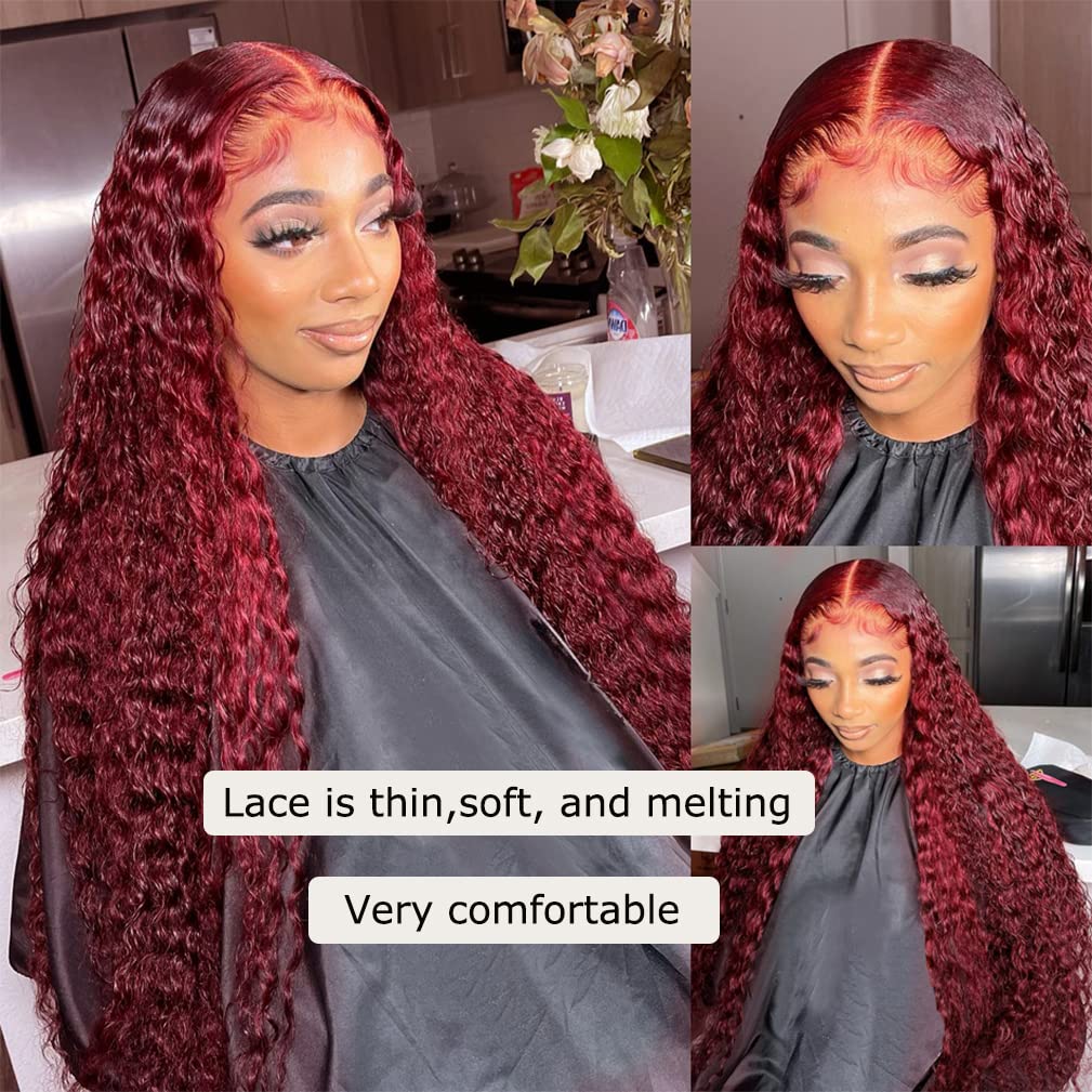 [26 Inch Only $140] STERLY 200% Density Burgundy / Natural Color 13x6 Lace Frontal Human Hair Deep Wave Wig Ombre Color Water Wave Wig 99J Curly Wigs #FB30 Highlight Pre Plucked Pre Cut Beginner Friendly Wig Smooth HD Transparent Lace Wig