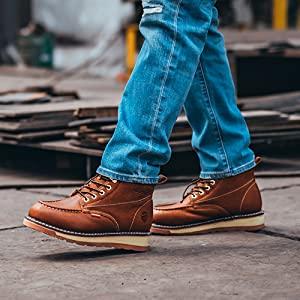 SUREWAY 6” Mens Heavy Duty Soft/Steel/Composite Toe Work Boots for Men,Comfortable & Durable,Goodyear Welt,Full Grain Leather,Oil/Slip Resistant,Wedge Moc Toe Industrial Construction Boots/Shoes