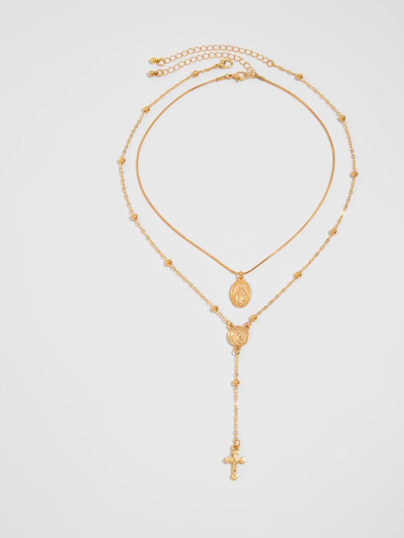 Pattern Disk Cross Pendant Saturn Chain Y Necklace Set 2pc, Elegant Jewelry Gift for Women, Unique Design Fashion Accessory