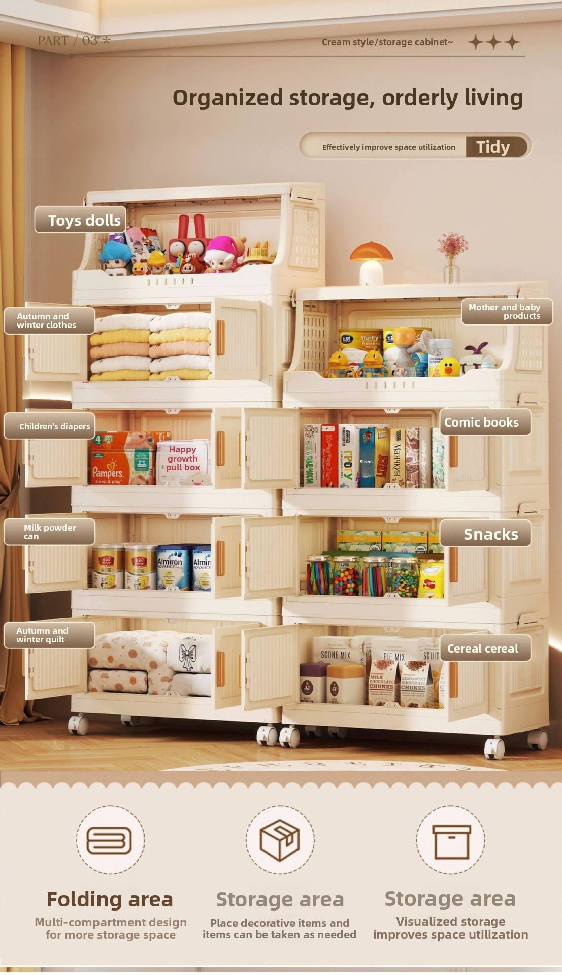 Large-capacity covered multi-tier stackable storage cabinet, wheeled foldable plastic storage cabinet, closet organizer and storage box, decorative cube closet organizer, for living room, bedroom, bathroom, office, dormitory, Space Saving Furniture