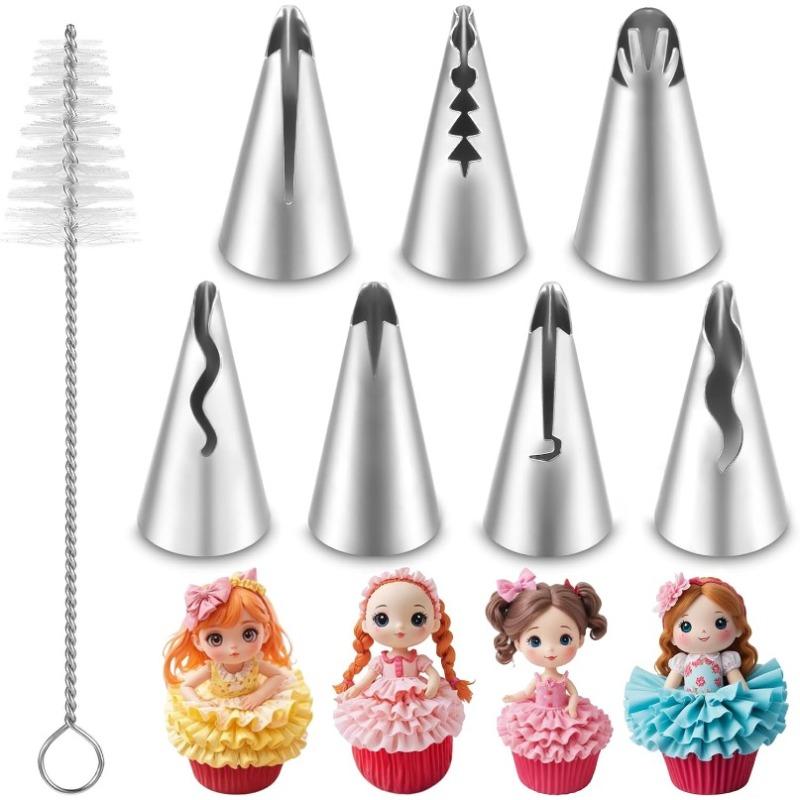8PCS Pleated Skirt Piping Tips Set, Stainless Steel Cake Decorating Tips Nozzle Piping Set Frosting Icing Tips with Cleaning Brush for Pastry Fondant Cupcakes Cake Decorating
