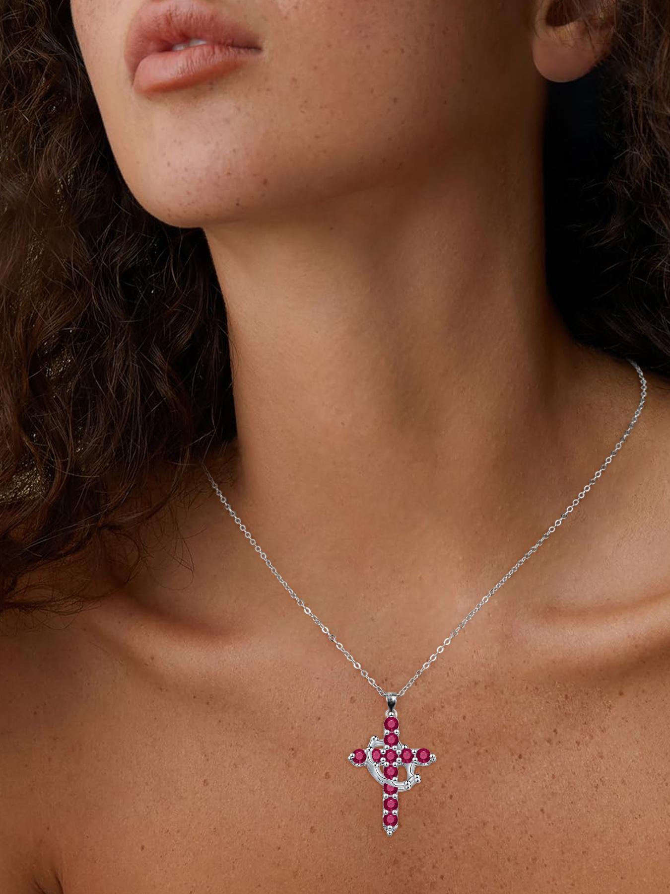 Women's Cz Birthstone Crown Cross Necklace Set, Colorful Fashion Pendant Exquisite Jewelry Gift Box, Christian Wife Mom Girlfriend Faith Present