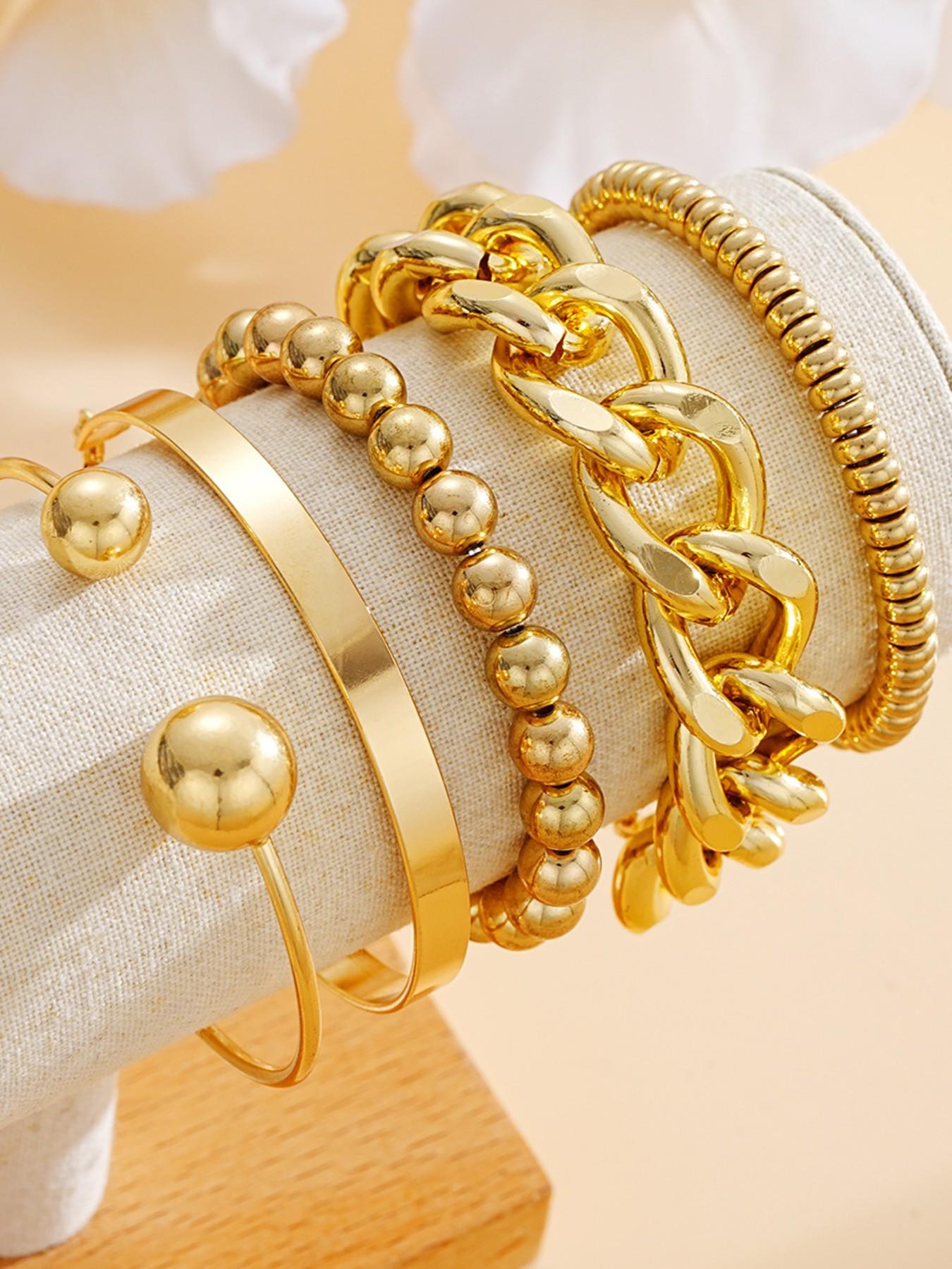 5-In-1 Vintage Punk Style Bracelet Set, Lightweight Ccb Beaded, Chain Bangle, Elastic Disc, Perfect for Women's Events & Gifts