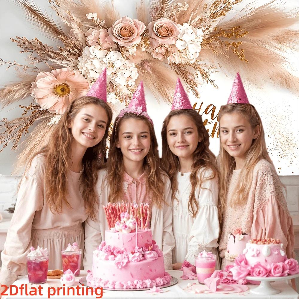 2DFlat1pc Boho Dried Flower Style Happy Birthday Backdrop Banner, With Pink Roses, Pampas Grass and Gold Glitter Elements, Ideal for Boho Birthday Party, Bohemian Themed Celebration, Ins Style Photoshoot Decoration, Can Be Used as Photo Background