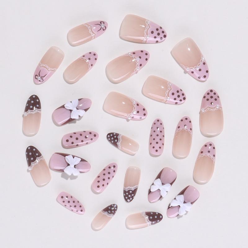 24PCS Sweet Pink French Press on Nails Brown Polka Dots 3D White Bowknot Fake Nails for Women Girl Almond False Nails Detachable