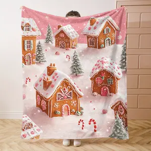 1Pc Cozy Christmas Gingerbread House Flannel Throw Blanket - Soft Polyester Knitted Lightweight All-Season Bedding For Sofa, Office, Camping, Travel - Contemporary Style, 250-300Gsm, Christmas Theme Print, Gift