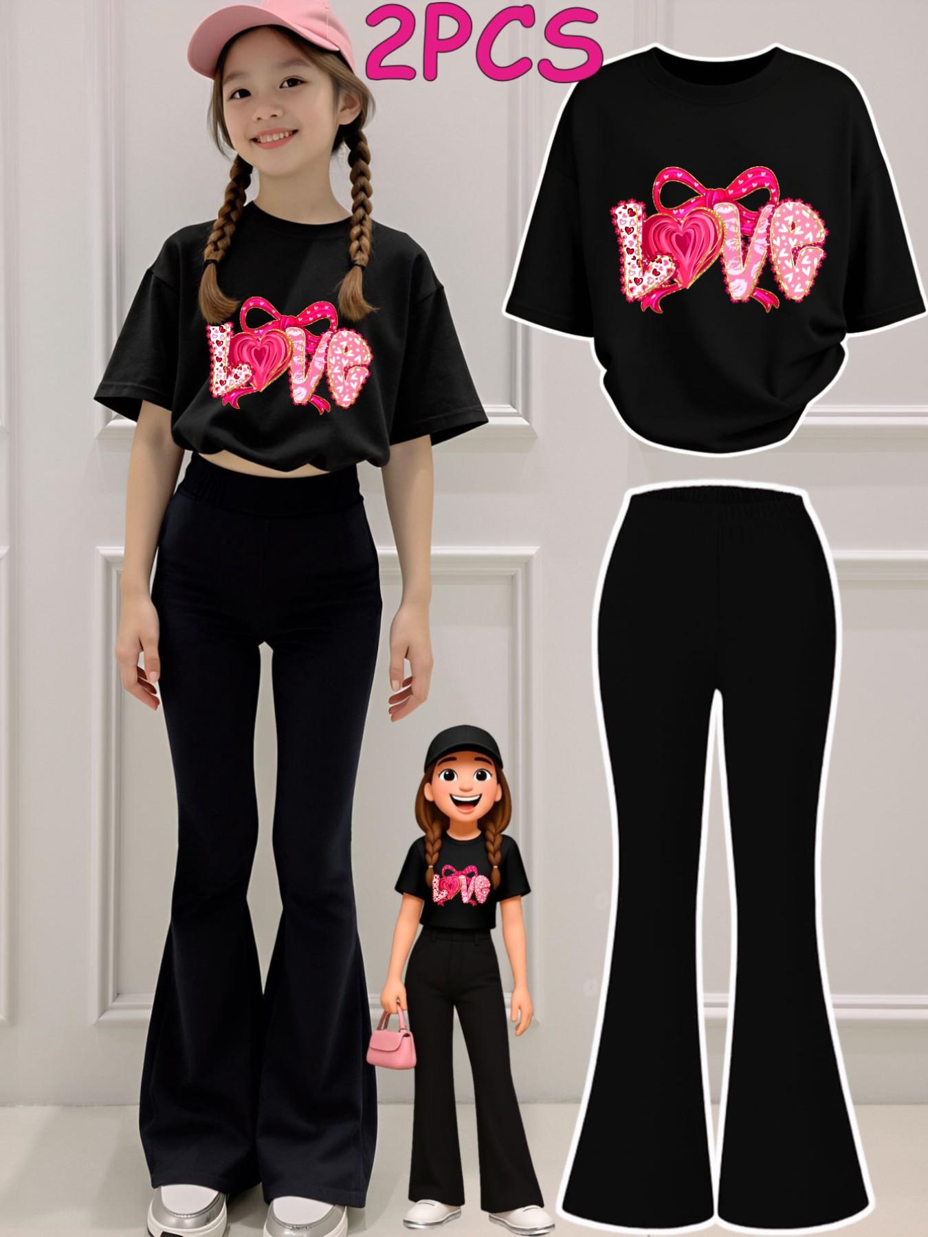 2pcs Girls' Valentine's Day Set, Heart Bow Print, Short Sleeve T-Shirt & Bell Pants, Casual Summer Fashion for Kids