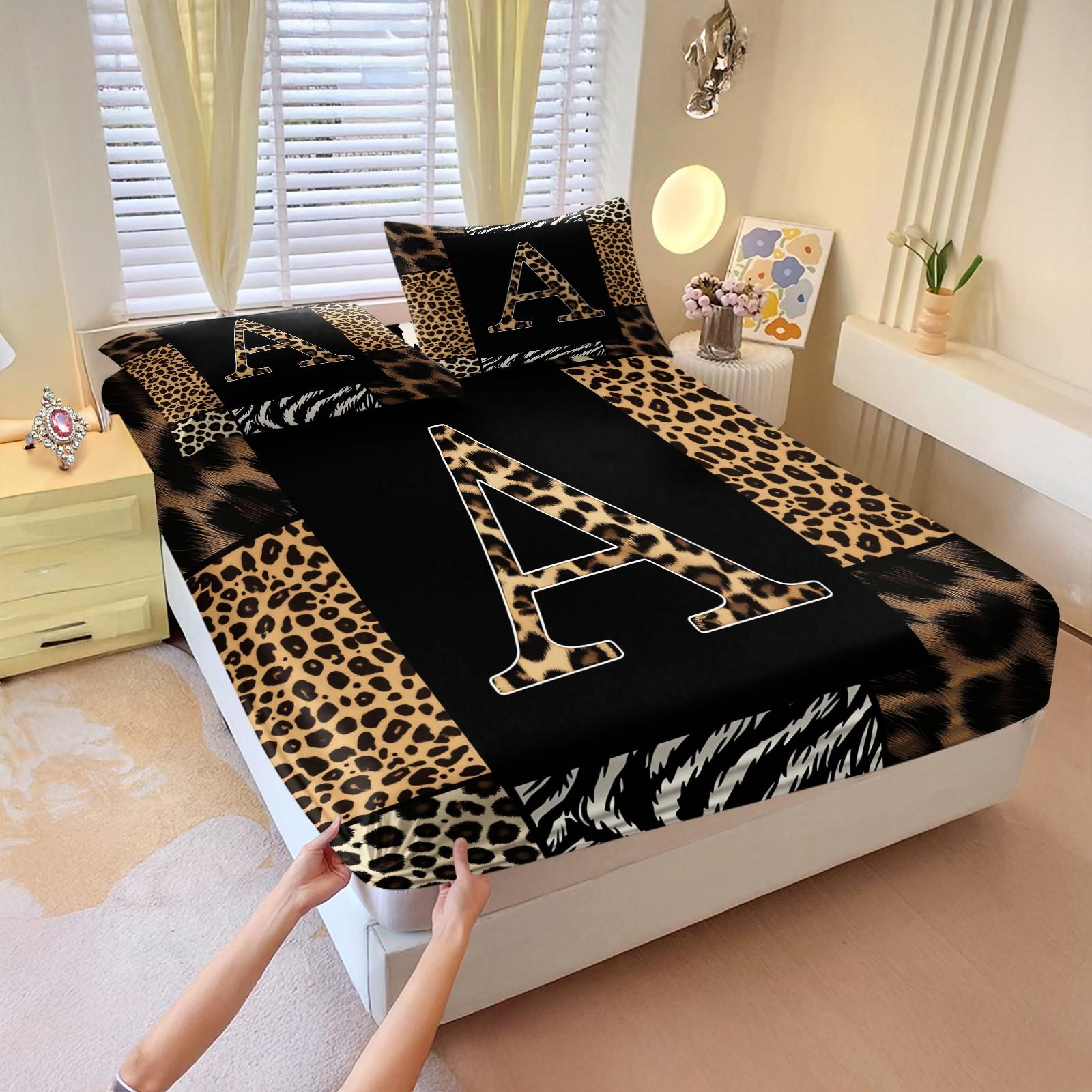 3Pcs Trendy Wild Leopard Zebra Patchwork Letter A-Z Fitted Sheet Set No Fillers, Animal Print Bed Sheet Set, Stylish Modern Bedding Set with Pillowcases, Deep Pocket Bedding for Women Girls Bedroom Decor