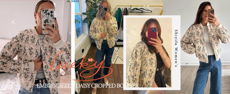 Molitree Women's Embroidered Daisy Cropped Bomber Jacket Long Sleeve Quilted Puffer Jackets Padded Coat Outerwear Casual Apricot