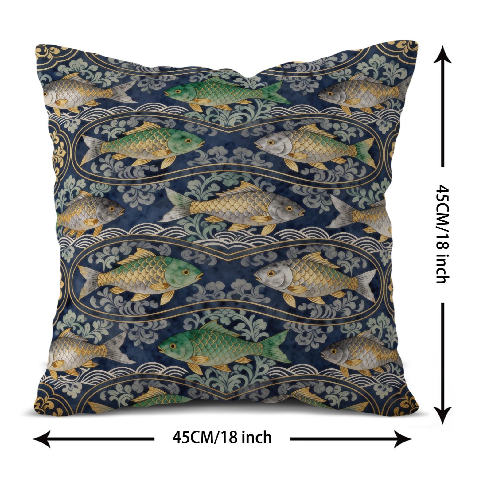 1 Pack 18×18 Inch Koi Fish Printed Throw Pillow with Invisible Zipper, Japanese Style Decorative Cushion for Couch, Sofa, Bed, Living Room and Bedroom, HD Digital Print, Fade-Resistant Soft Pillow
