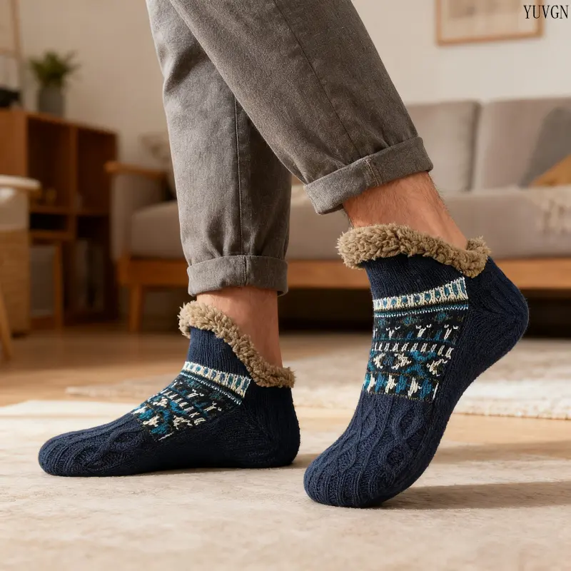 1‑Pair Men’s Thermal Floor Socks, Plush‑lined Thickened Warm Winter Ankle Socks, Soft Cozy Non‑slip Knit Sleep Socks, Comfortable House Footwear for Bedroom, Cold‑weather Indoor Daily‑use