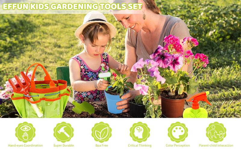 EFFUN Gardening Set, Tool Kit, for Kids, STEM, Includes Tote Bag, Spade, Watering Can, Rake, Fork, Trowel and Gloves