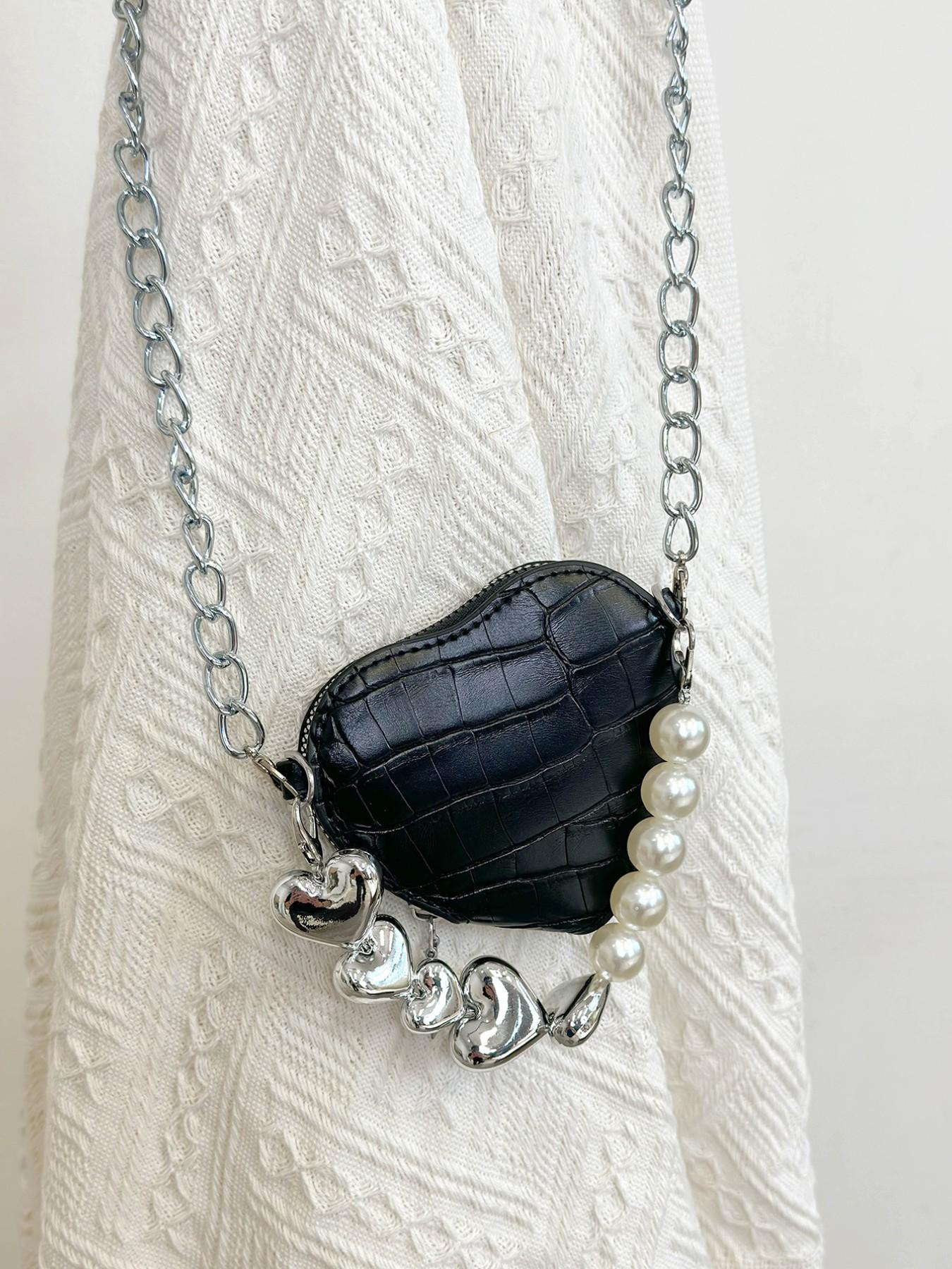 Vintage Mini Crossbody Bag, Crocodile Pattern Pearl Chain Purse, Heart Shape Fashion Coin Wallet, All Seasons Solid Design