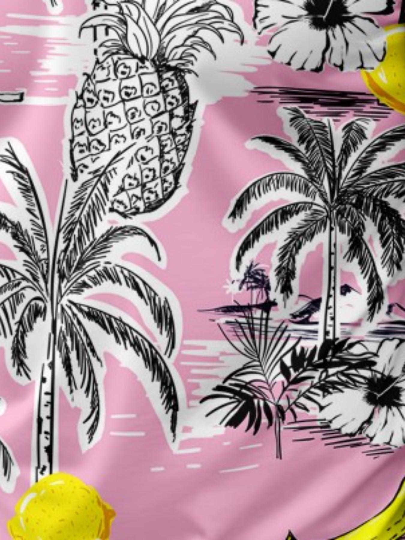 Men's Summer Tropical Pineapple Banana Palm Tree Print Polo Shirt, Casual Short Sleeve Golf Shirt, Breathable Lightweight Hawaiian Beachwear