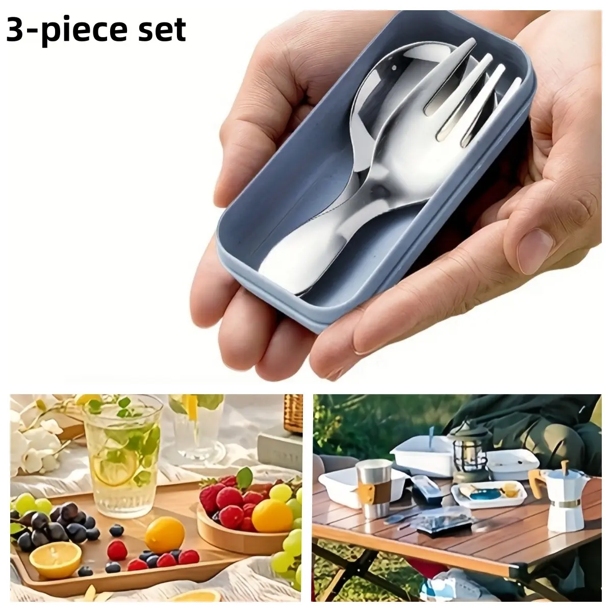 3‑Pcs Portable Stainless Steel Spoon Fork Cutlery Set With Storage Box, Mini Short‑Handle Utensils for Camping Travel Picnic, Outdoor Utensils