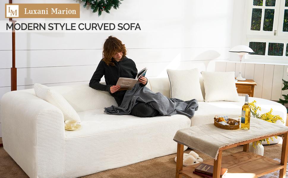 【Shipped in Two Packages】Modern Style Curved Sofa, Upholstery Corduroy Sofa Couch with 3 Pillows, Oversized Sleek Curved Sectional Boucle Fabric Couch for Living Room White