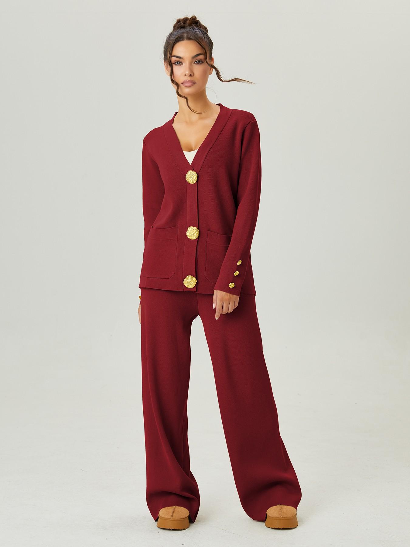 Women's Versatile V-Neck Gold Button Side Pocket Knit Cardigan and High Waist Wide Leg Pants Set, Elegant Two-Piece, Comfortable Women's Clothing#TikTokMadeMeBuyIt #CasualChic#MatchingSet