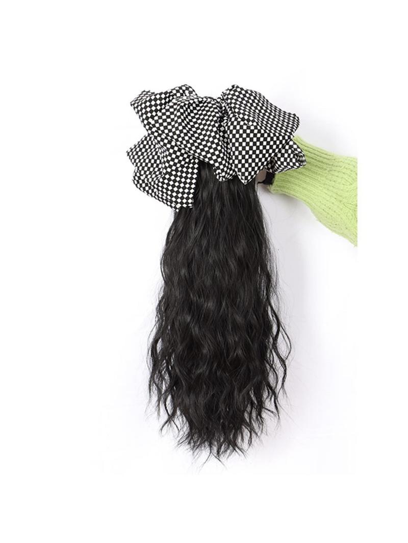 Long Wavy Claw Clip On Black White Bow Hair Extensions Pony Tail Hairpiece Lady Wigs for Women Wig Ponytail Bow Hair Accessories Girls Grab Clip Water Ripple Ponytail Braid High Value Wig Human Hair(Dark Brown,Black Bow)