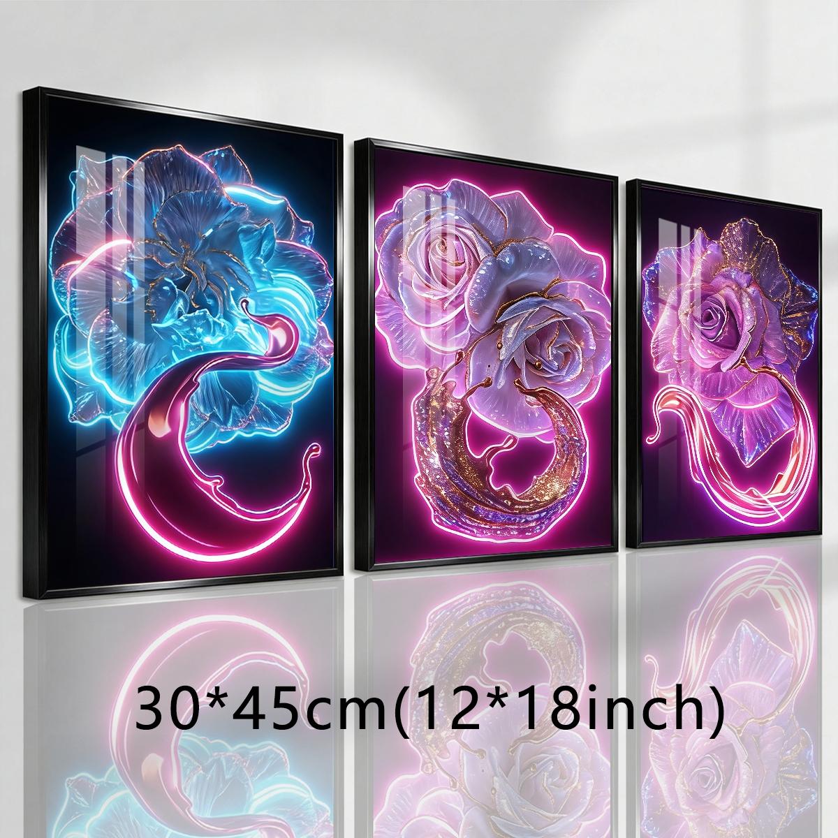 3 Counts Aluminum Alloy Framed Painting, Neon Glowing Roses And Petals Pictures, Home Decoration For Living Room, Bedroom, Office, Restaurant, Hallway Wall Decor, Odorless Print Artwork, Luxury Perfect Gift For Friends And Family