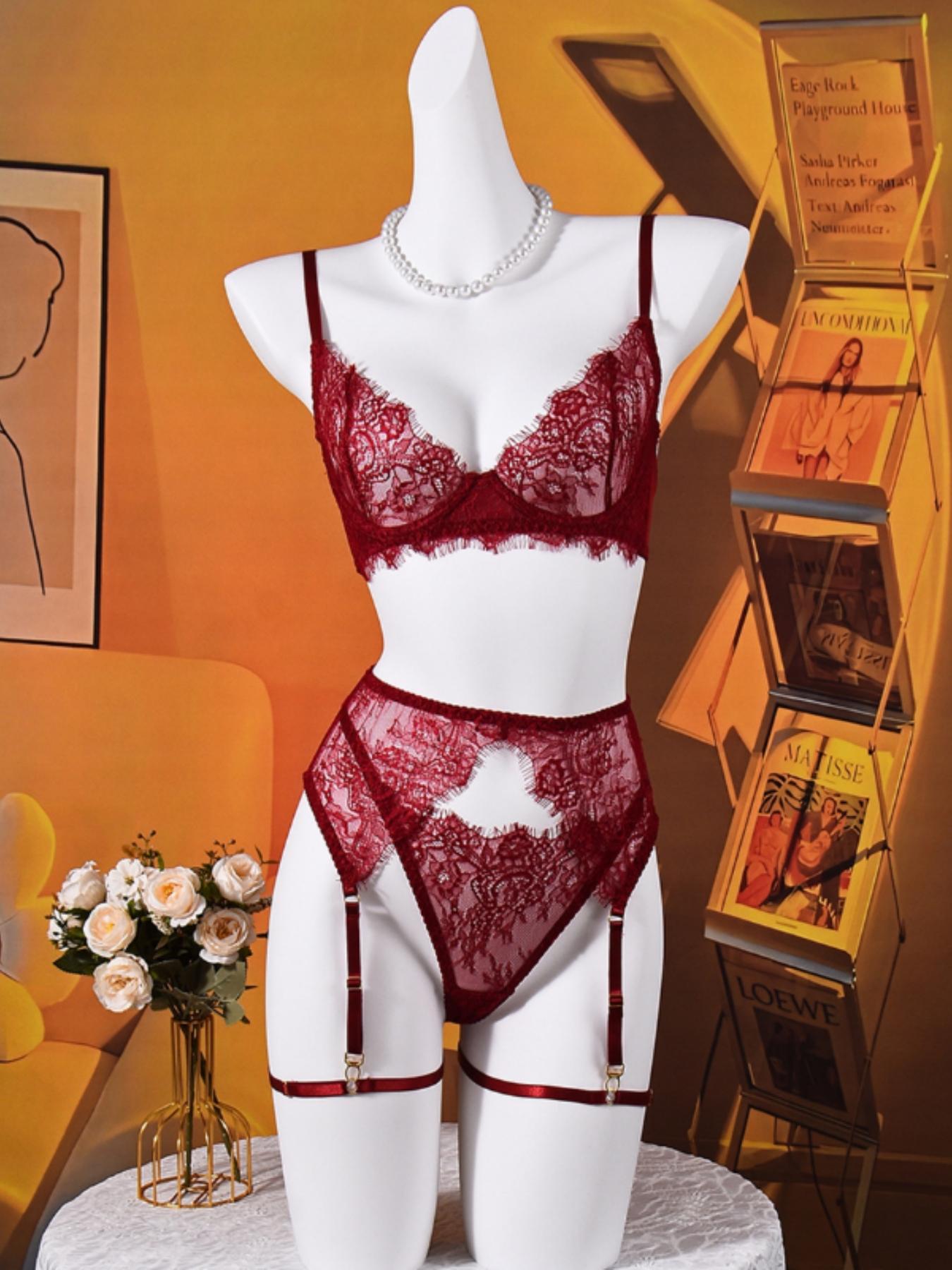 Lovingerie Eyelash Lace Lingerie Set For Women, Strappy Underwire Bra With Sheer Cups, Adjustable Garter Belt, Matching Thong Panty And Leg Garters, Seductive Boudoir Outfit, Curves Flattering Nightwear Sleepwear.Perfectly Highlights Your Feminine Charm.