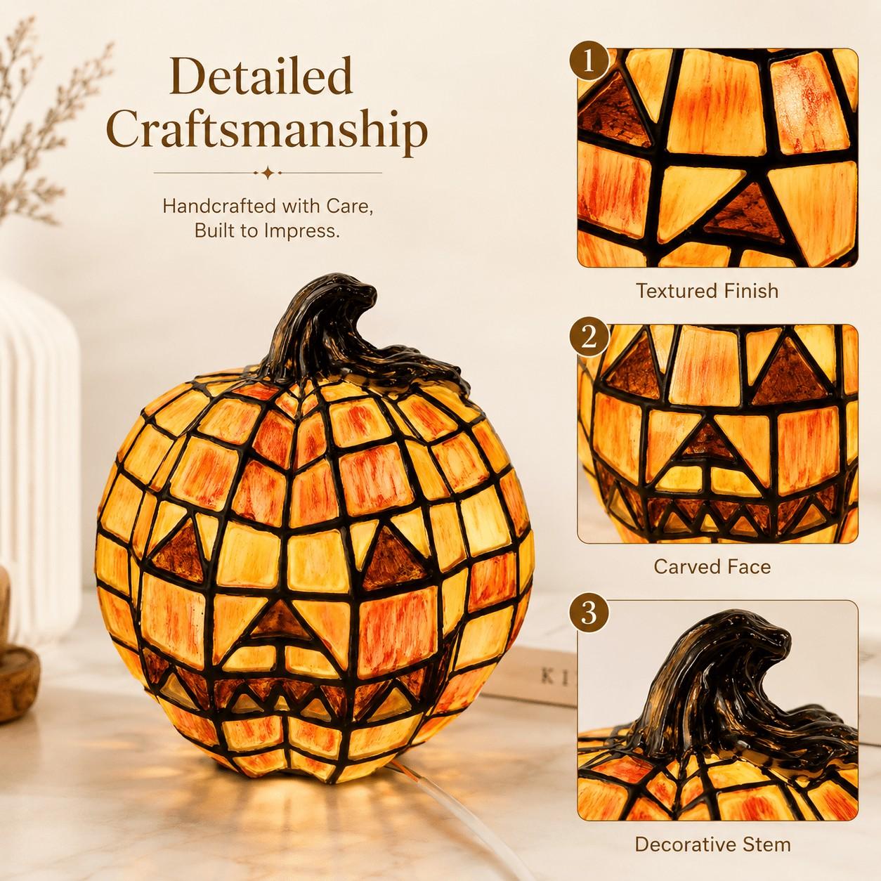 Mosaic Stained‑Glass Pumpkin Lamp Night Light, USB‑Powered Resin Halloween Pumpkin Light, Warm Glow Desktop Ornament, Home Decor for Fireplace & Tabletop in Fall and Thanksgiving, Holiday Gift, Wicked Ornament