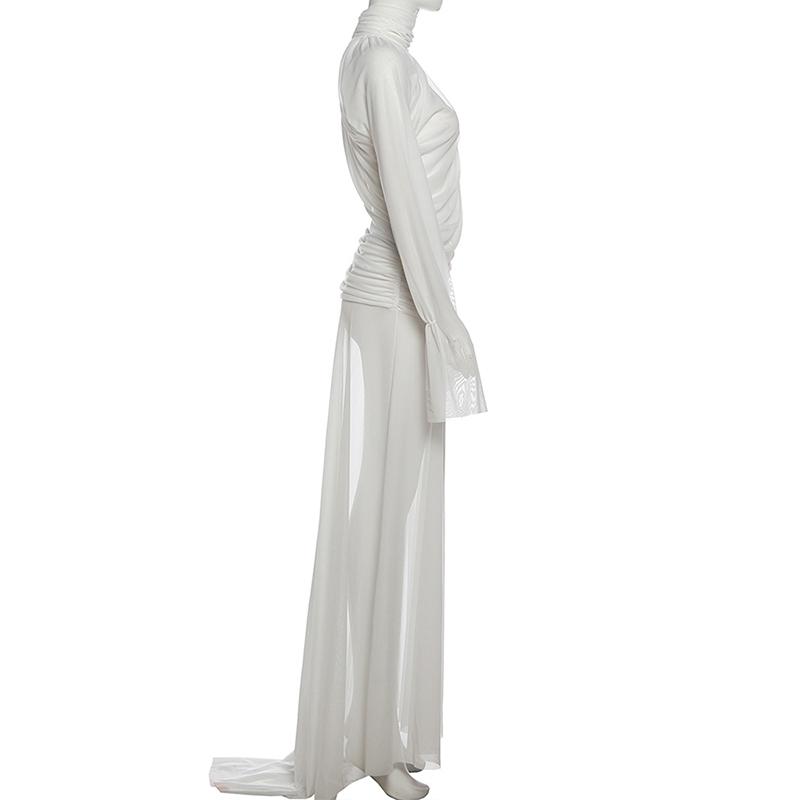 DOUCIU Summer Beach Vacation Yacht Party Sexy Hot Beautiful Cool Women'S Thin Style Solid Color Mesh See Through Long Sleeved Top Skirt Two-Piece Set