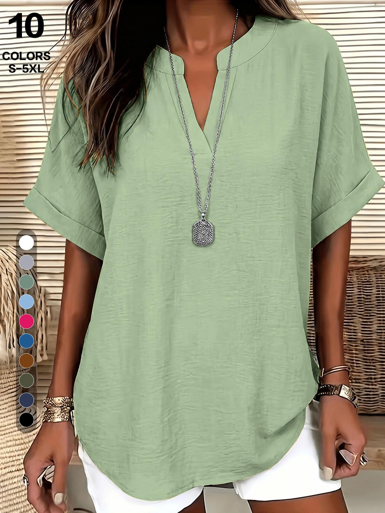 2026 European Style V Neck Short Sleeve Shirt, Casual Fitted T-Shirt, Summer Loose Fit, Hides Belly, Tall Look, Versatile Top