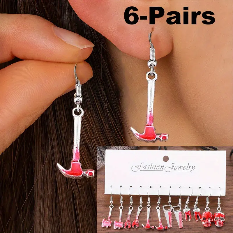 6 Pairs Gothic Halloween Dark Horror Earrings Set Skull, Axe, Saw, Teeth, Hammer Pendant Earrings Retro Gothic Halloween Party Earring Gifts Proms, Music Festivals, and Holiday Wear Accessories