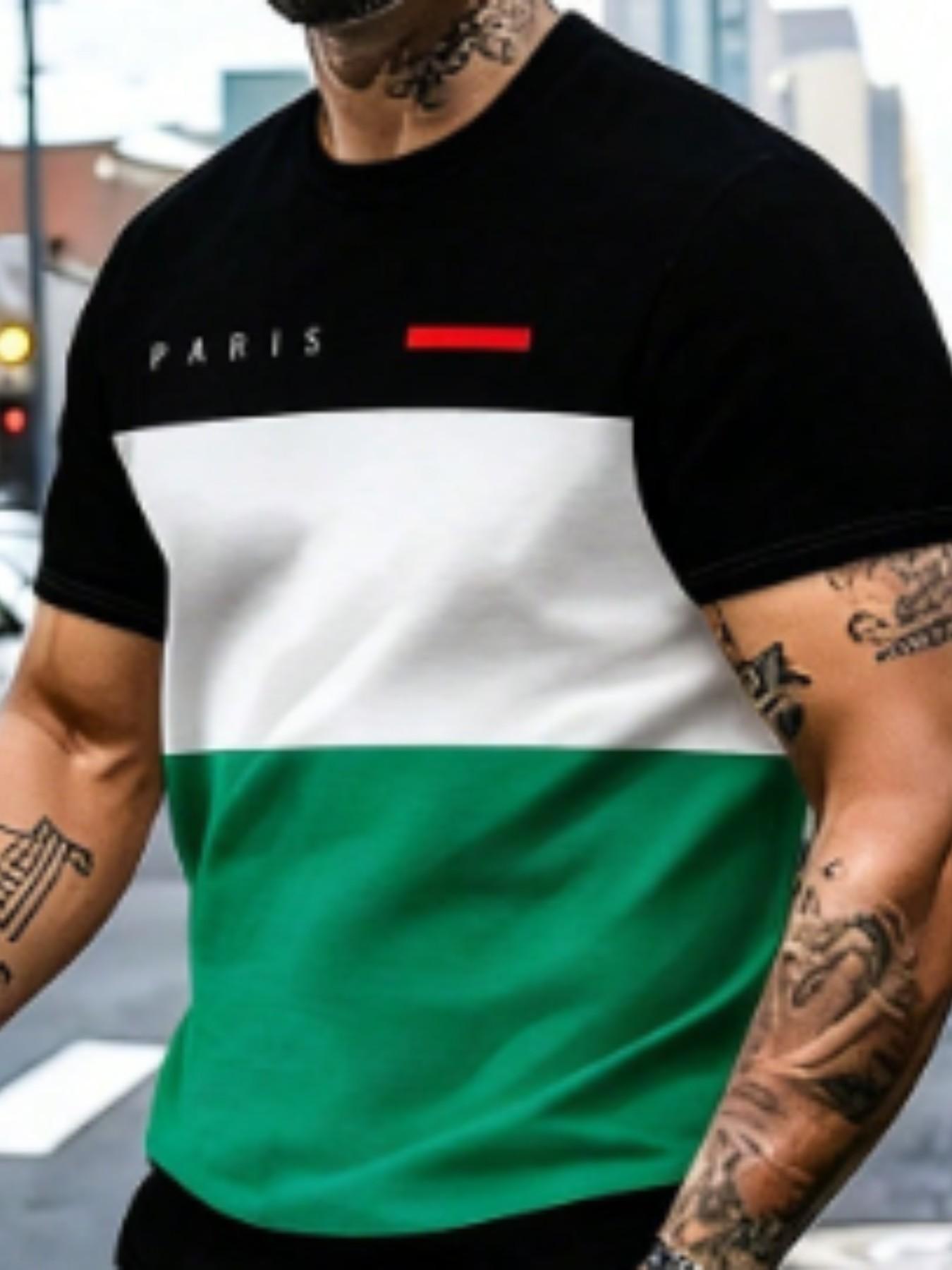 Men's Striped Colorblock Paris Letter Print Round Neck Short Sleeve T-Shirt and Zip Waist Shorts Set, Casual 2-Piece