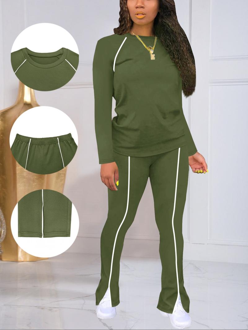 Women's Fashion New Round Neck Solid Color Patch Long Sleeve Top & Pants Set, Two-Piece for Casual Wear