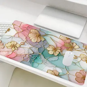 Viral Stained Glass Floral Mouse Pad, Pastel Gold Flower Desk Mat, Oversized Non-Slip Office Pad, Luxe Aesthetic Decor, Smooth Surface for Daily Use, Office Desk Accessories, Desk Setup