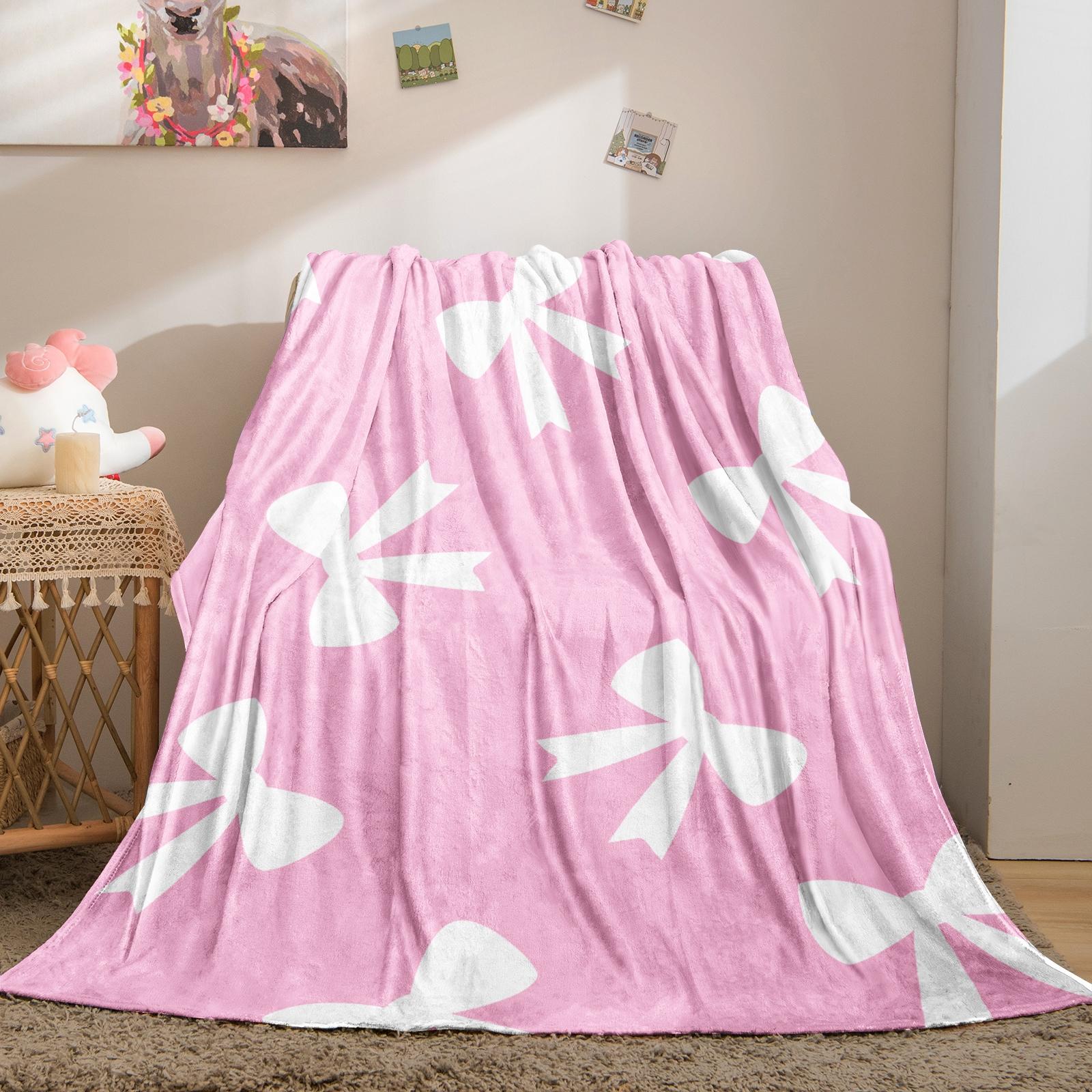 Cute Bow Knot Throw Blanket, Kawaii Pastel Ribbon Soft Flannel Blanket for Sofa Bed, Cozy Gift for Girls Women