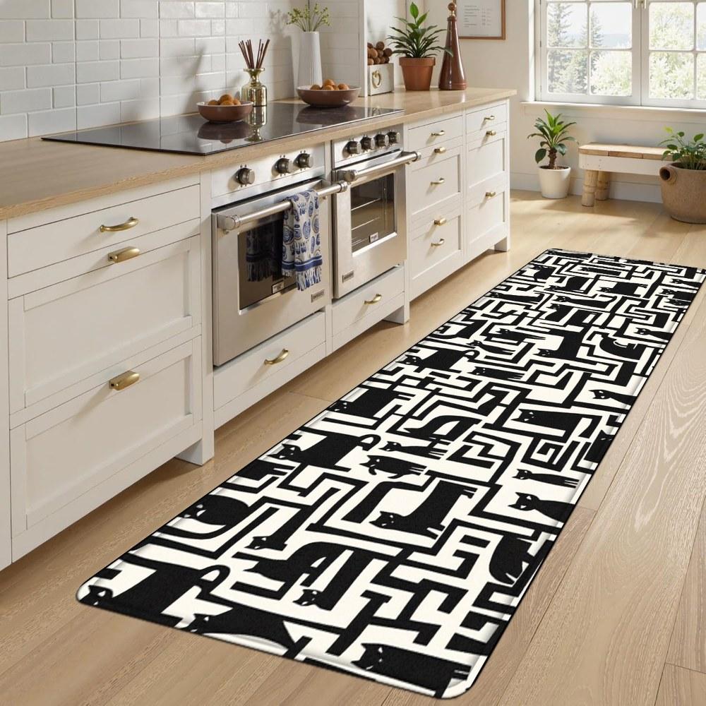 1PC， Black and White Geometric Maze Pattern strip rugs, home décor, bathroom mats, entryway mats, bathroom non-slip mats, indoor entrance rugs, bedroom bedside mats, kitchen mats, hallway rugs, flannel sponge rugs, hallway runner rugs