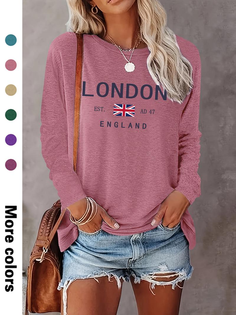 Women's Casual Letter Print Long Sleeve Round Neck Basic Thin Top, Available in 10 Colors, Perfect for Fall & Winter Fashion