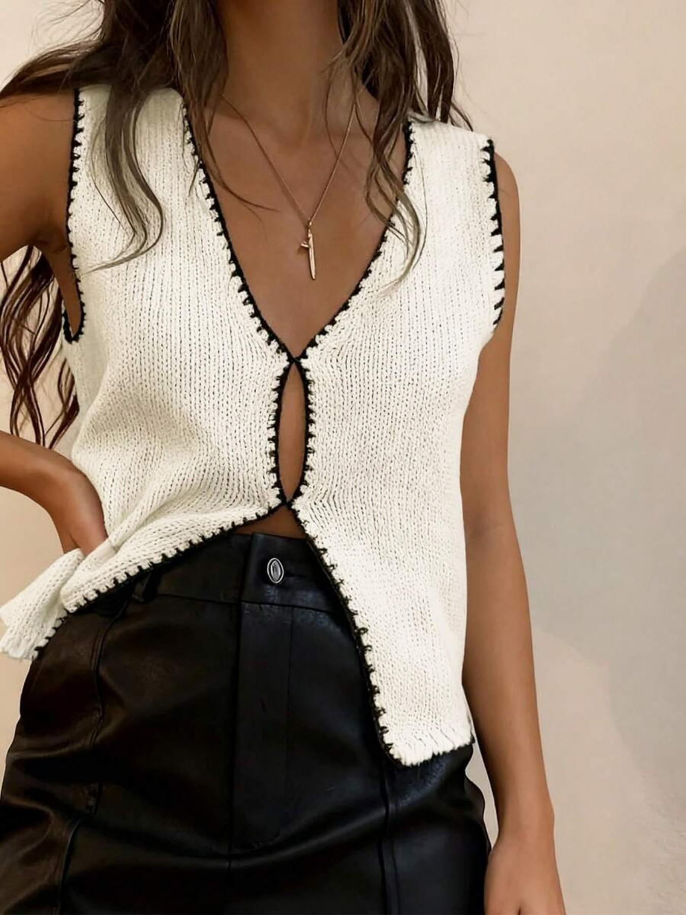 Fashion Sexy Summer Knitted Colorblock Edge Breathable Sleeveless Vest, Slim-Fitting Long Outer Vest, Trendy No-Placket Design
