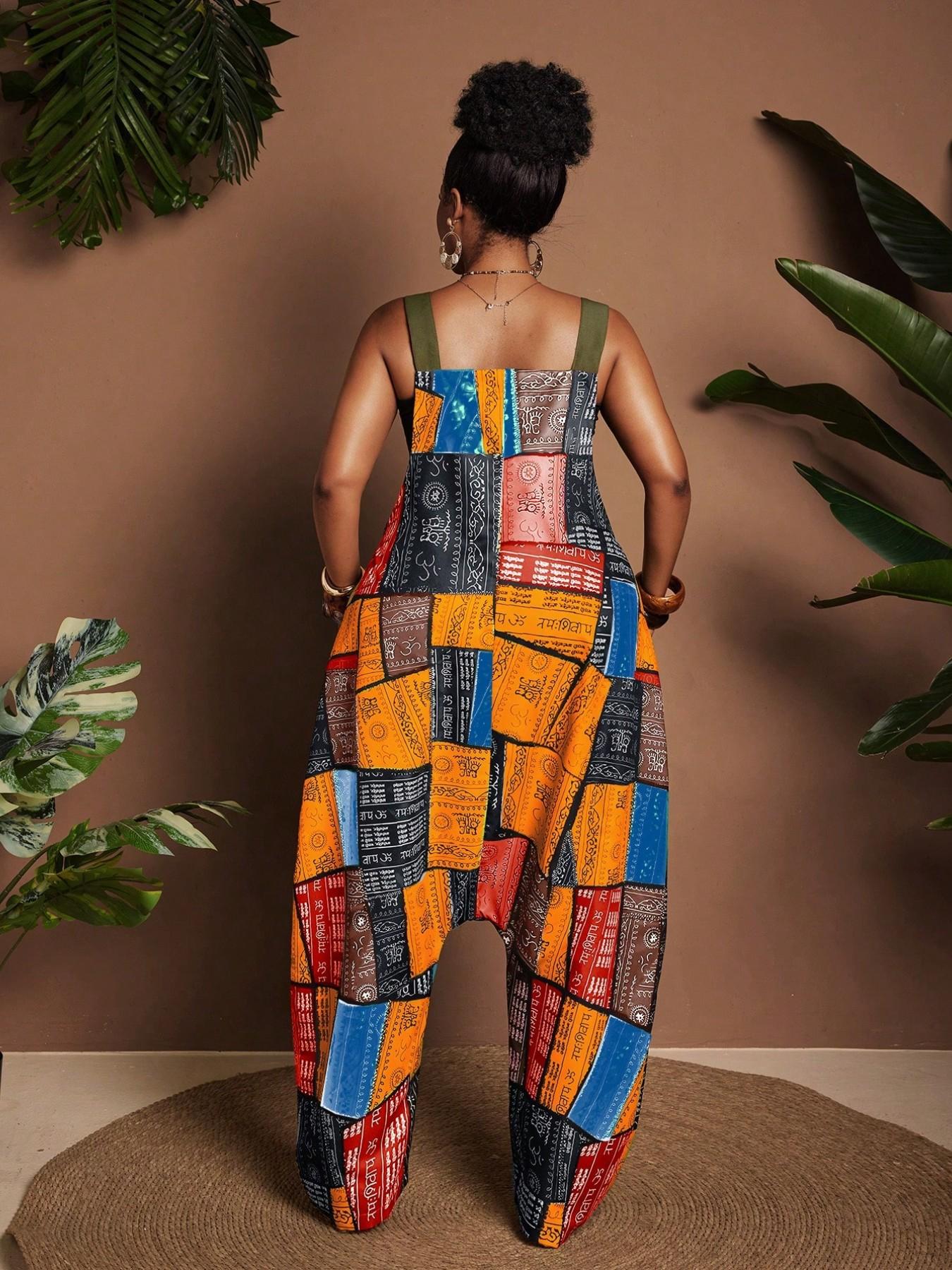 Women's Patch Printed Jumpsuit, Loose Wide Leg Workwear, Bohemian Fashion Style, Ideal for Vacations, Beach Trips, Music Festivals