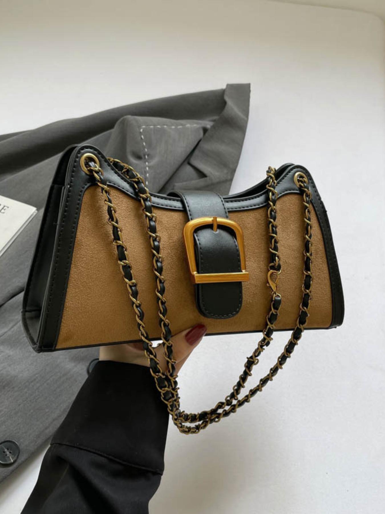 Women's French Vintage Colorblock Underarm Bag, Lightweight Single Shoulder Bag with Ribbon Patchwork Design, Stylish and Unique Handbag