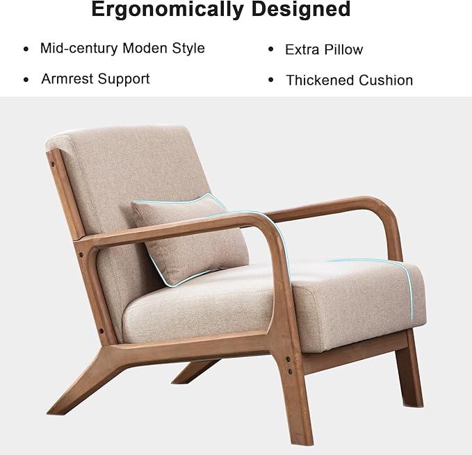 [SpringStatements][Set of 2]EBELLO Modern Arm Chairs , Mid-Century Modern Accent Chair Upholstered Lounge Chair with Pillow and Solid Wood Frame, Linen Fabric Comfy Chairs for Living Room