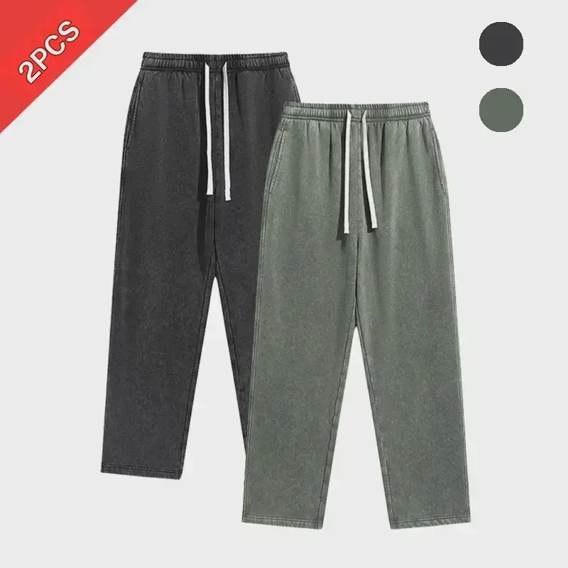 Men’s retro washed cotton long athletic sweatpants with a drawstring elastic waistband, loose straight leg fit, warm for winter casual wear.