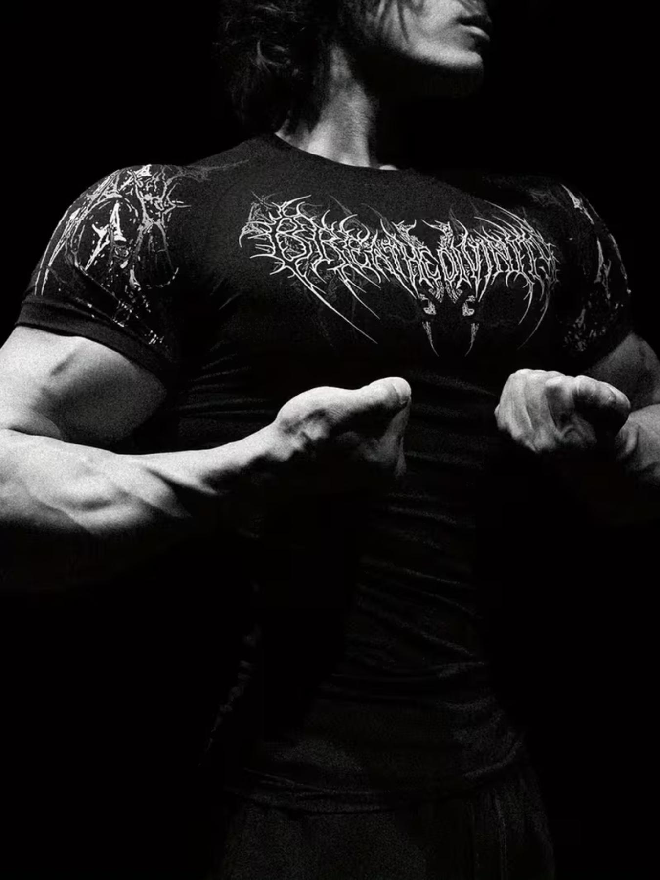 New Men's Trendy Fitted Sports Shirt, Gothic Print Quick-Dry Compression Fitness Top, Short Sleeve Long Clothing, Sporty Geometric Pattern