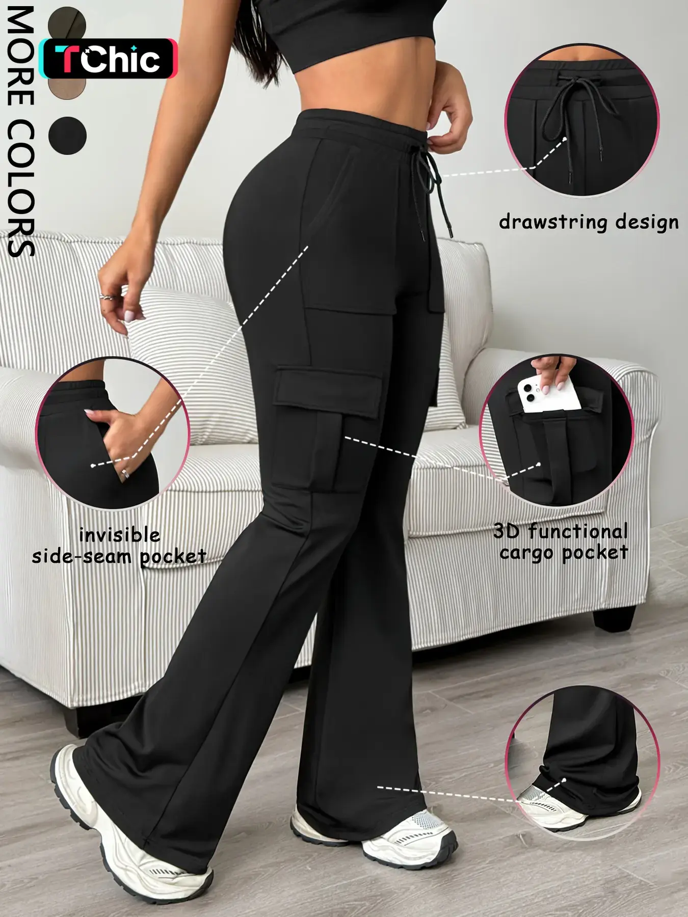 Women's Casual Bell Bottom Work Pants, Black Trousers, Long Trousers for Commuting, Adjustable Waist Trousers, Adjustable Drawstring, Fitted Plain Design, Basic, All Seasons Essential, Comfortable and Stylish