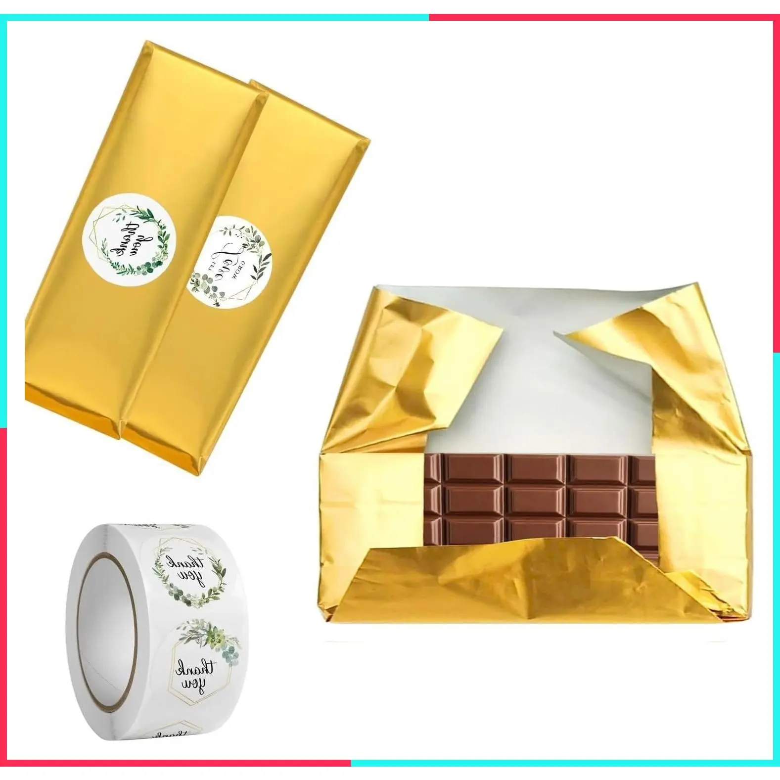 100 Pack Chocolate Bar Wrappers with Thick Paper Backing and 100 Stickers, 6" x 7.5" Gold Foil Candy Wrapping Sheets for Homemade Treats, Durable and Wrinkle-Free
