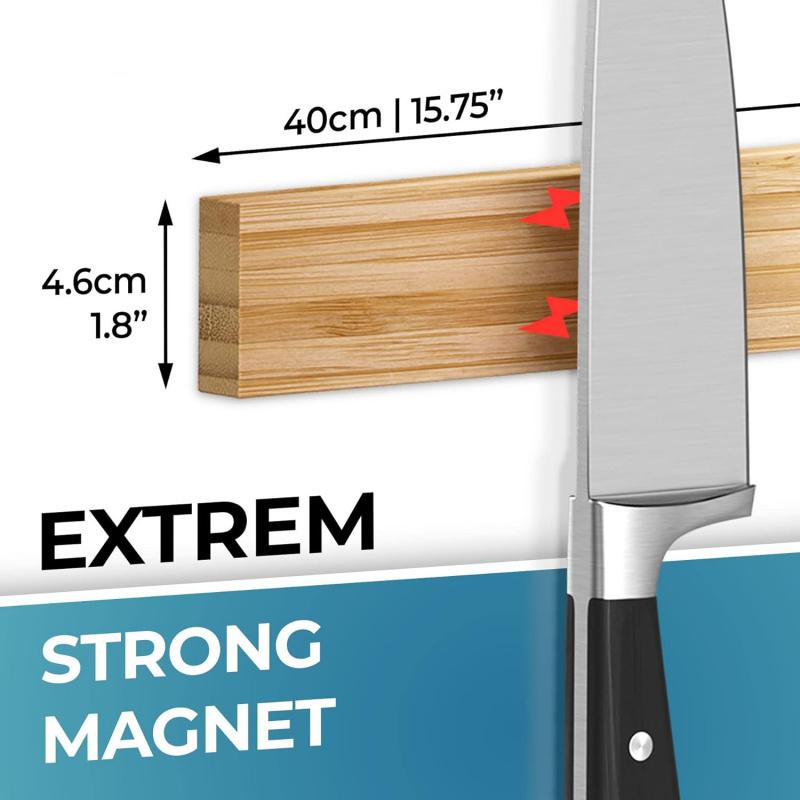 16" Magnetic Knife Holder for Wall, No-Drill Bamboo Knife Magnetic Strip, Extra strong Knife Holder, Self Adhesive Tape