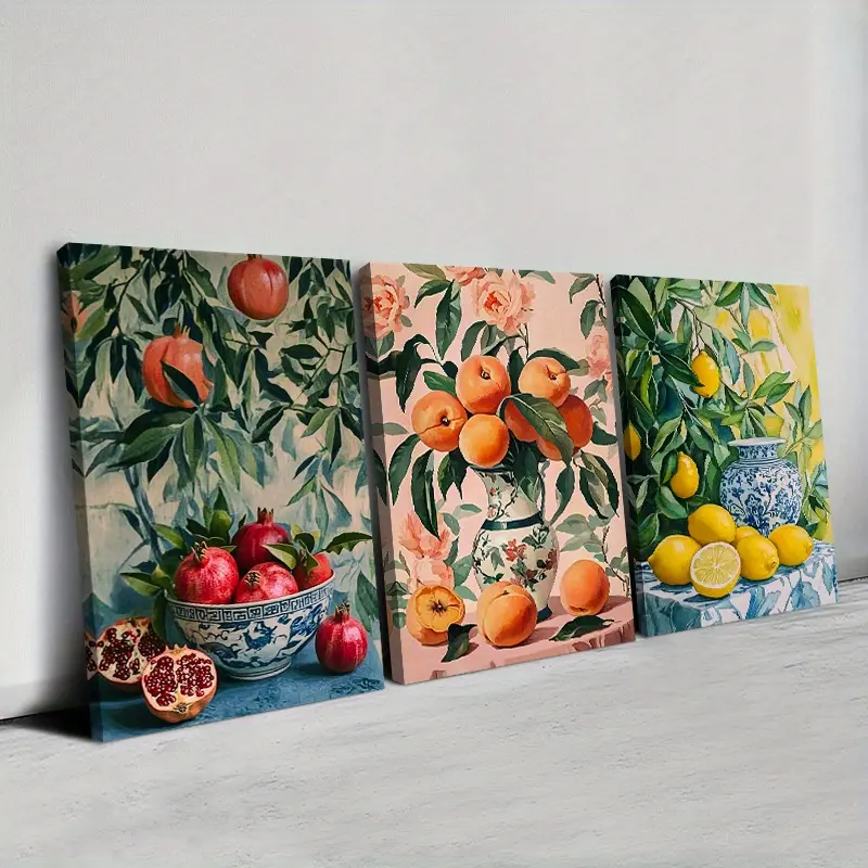 2D flat design, 3-piece wooden frame with 3 canvas posters, wall art, hangable fresh fruit oil painting mural, suitable for living room, kitchen, and hallway wall decoration