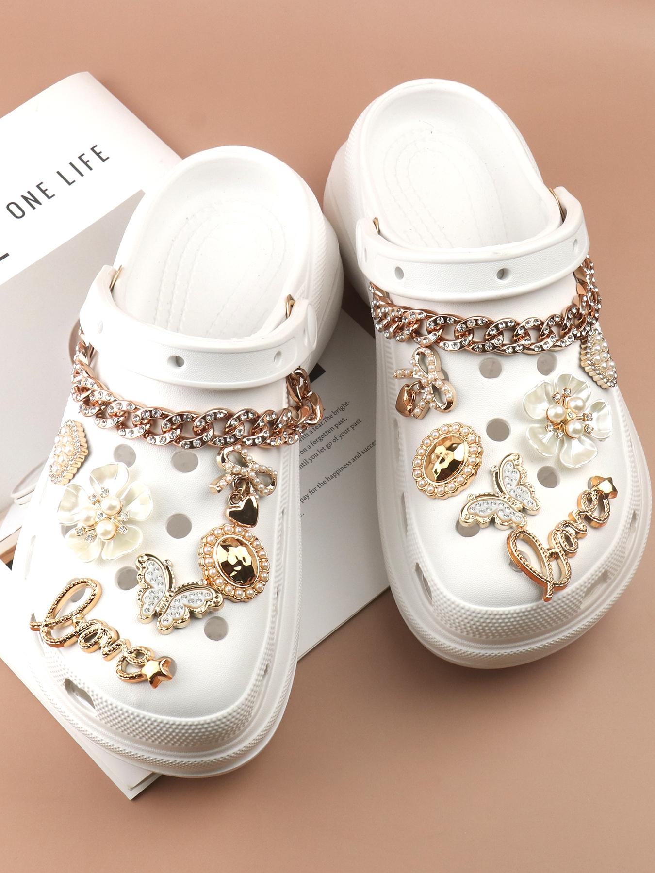 14pcs Fashionable Rhinestone & Letter Decorated Shoes Decorations, Chain & Bowknot Design Shoes Charm Rhinestone Shoes Charms For Vented Clogs Decoration